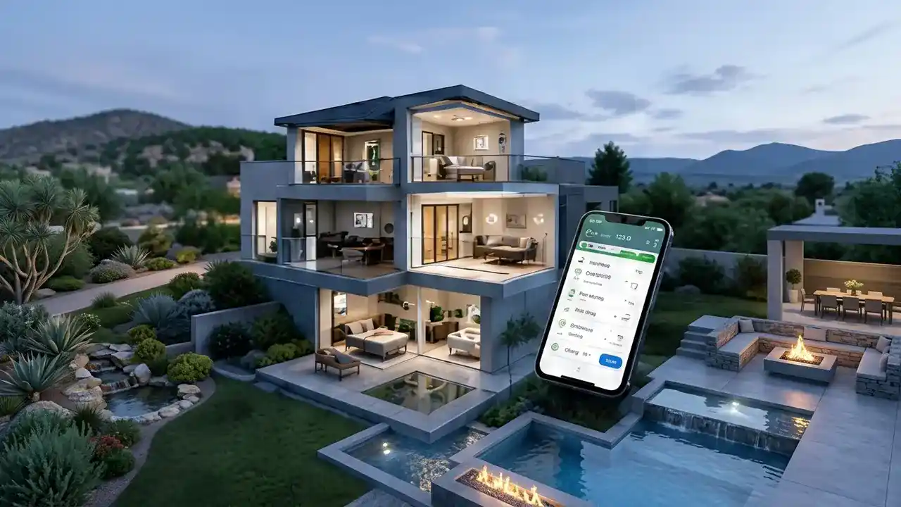 A view from outside a villa with a mobile that the interface of knx