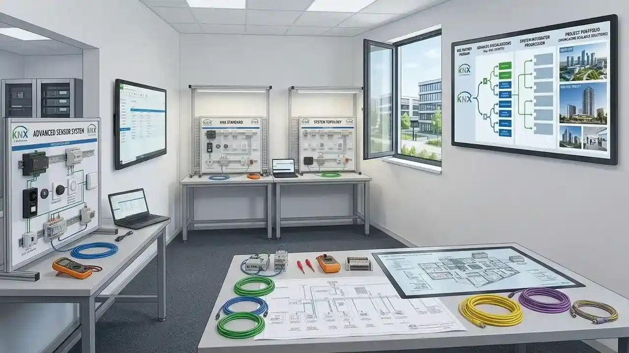 KNX laboratory with knx devices and cables on the table